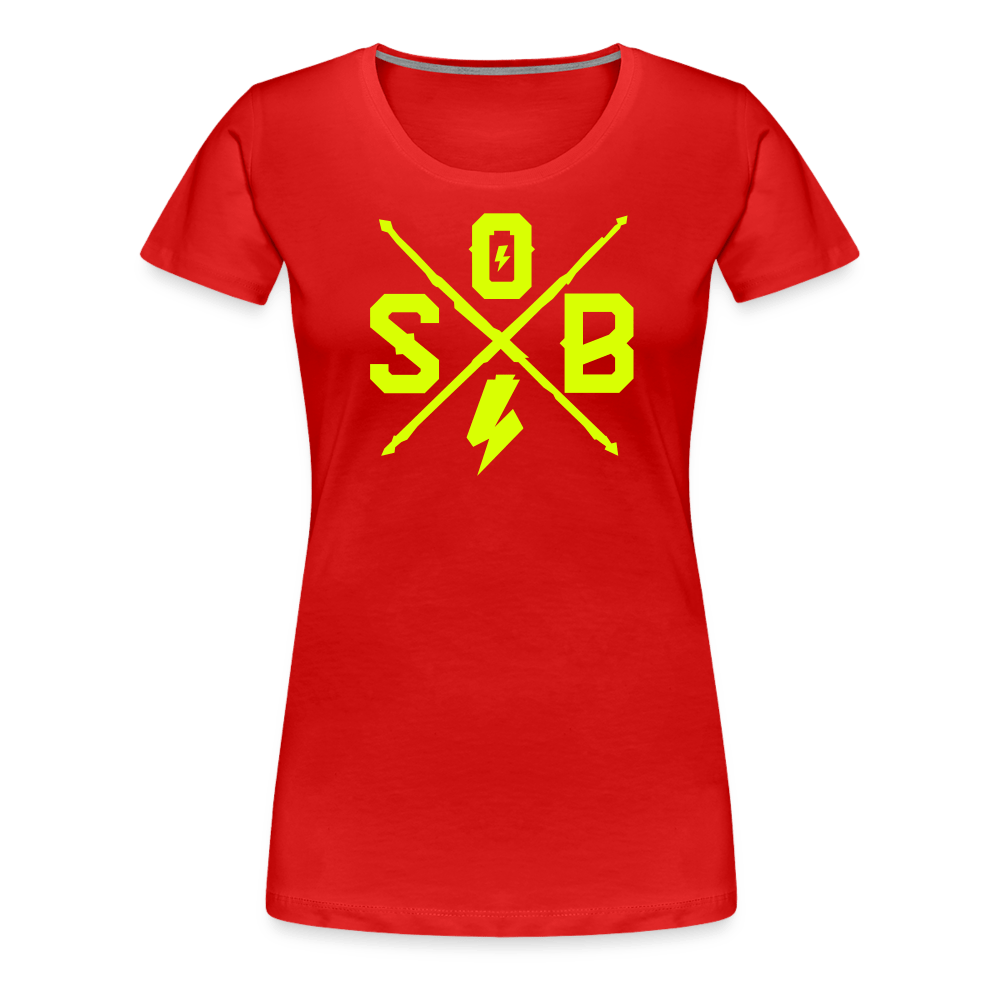 SPOD Frauen Premium T-Shirt Rot / S Cross - Neongelb - Frauen Premium T-Shirt E-Bike-Community