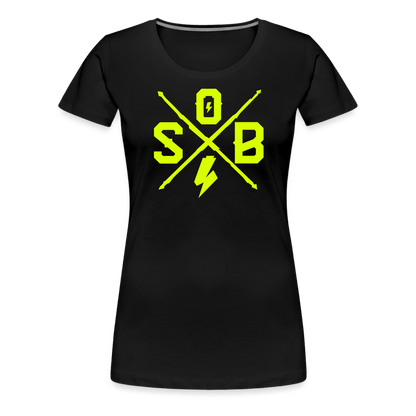 SPOD Frauen Premium T-Shirt Schwarz / S Cross - Neongelb - Frauen Premium T-Shirt E-Bike-Community