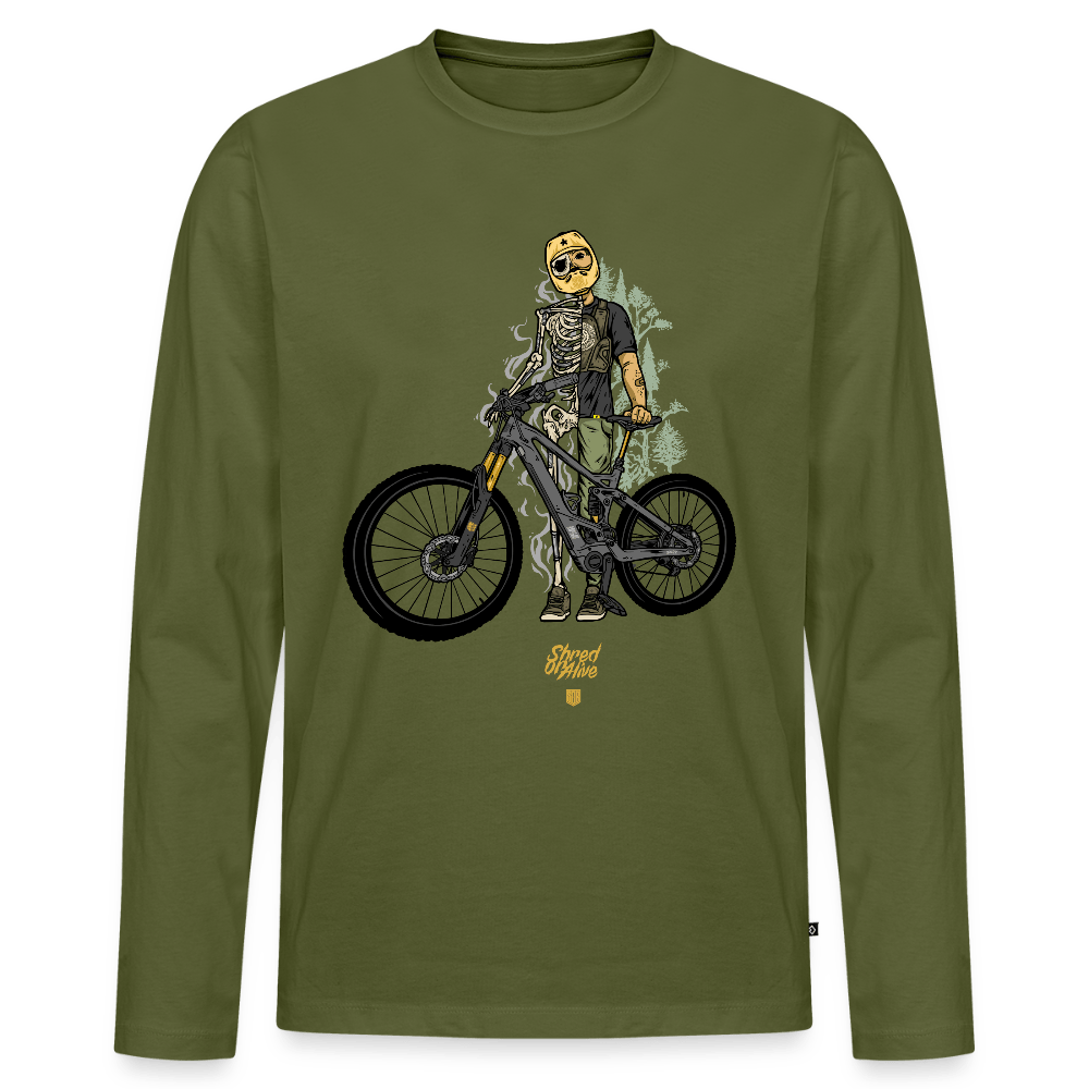 SPOD Männer Premium Bio Langarmshirt Khaki / S Shred or Alive (DTG) - Männer Premium Langarmshirt E-Bike-Community