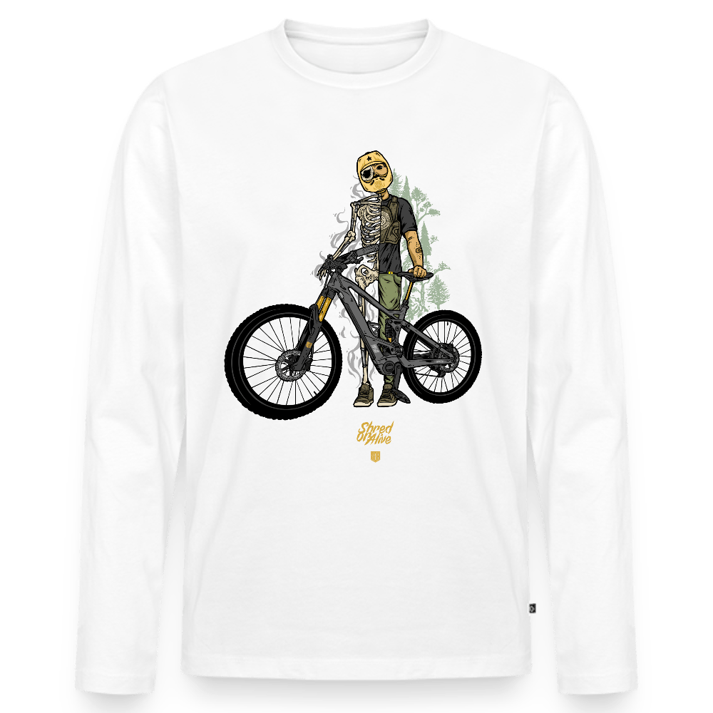 SPOD Männer Premium Bio Langarmshirt Weiß / S Shred or Alive (DTG) - Männer Premium Langarmshirt E-Bike-Community