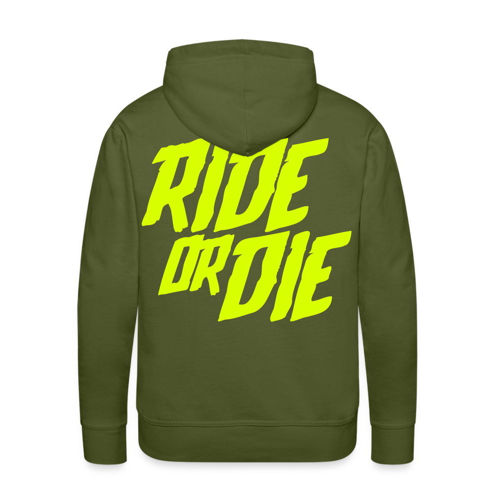 SPOD Männer Premium Hoodie Olivgrün / S Ride or Die - Neongelb - Men’s Premium Hoodie E-Bike-Community