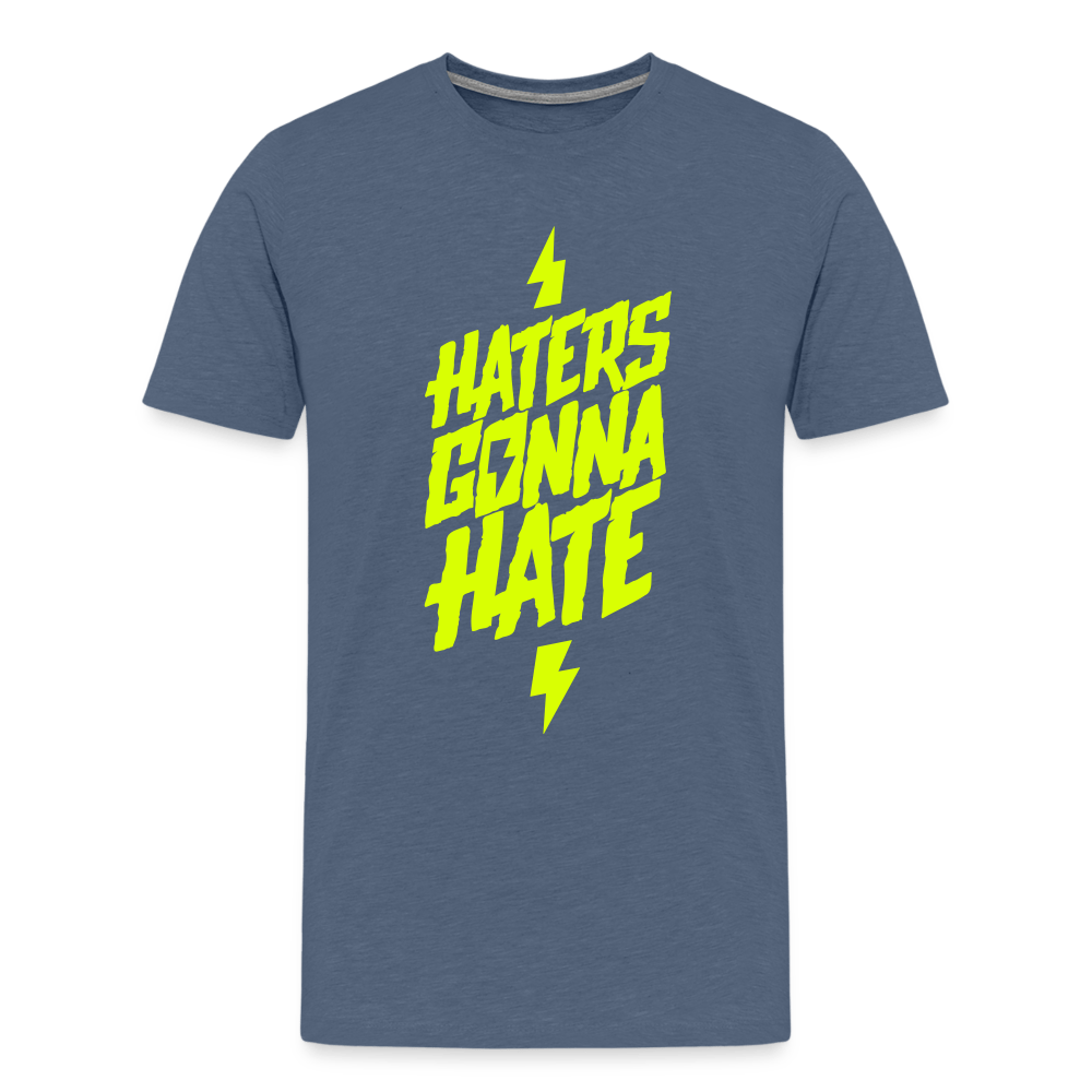 SPOD Männer Premium T-Shirt | Spreadshirt 812 Blau meliert / S Haters gonna Hate - Neongelb - Männer Premium T-Shirt E-Bike-Community