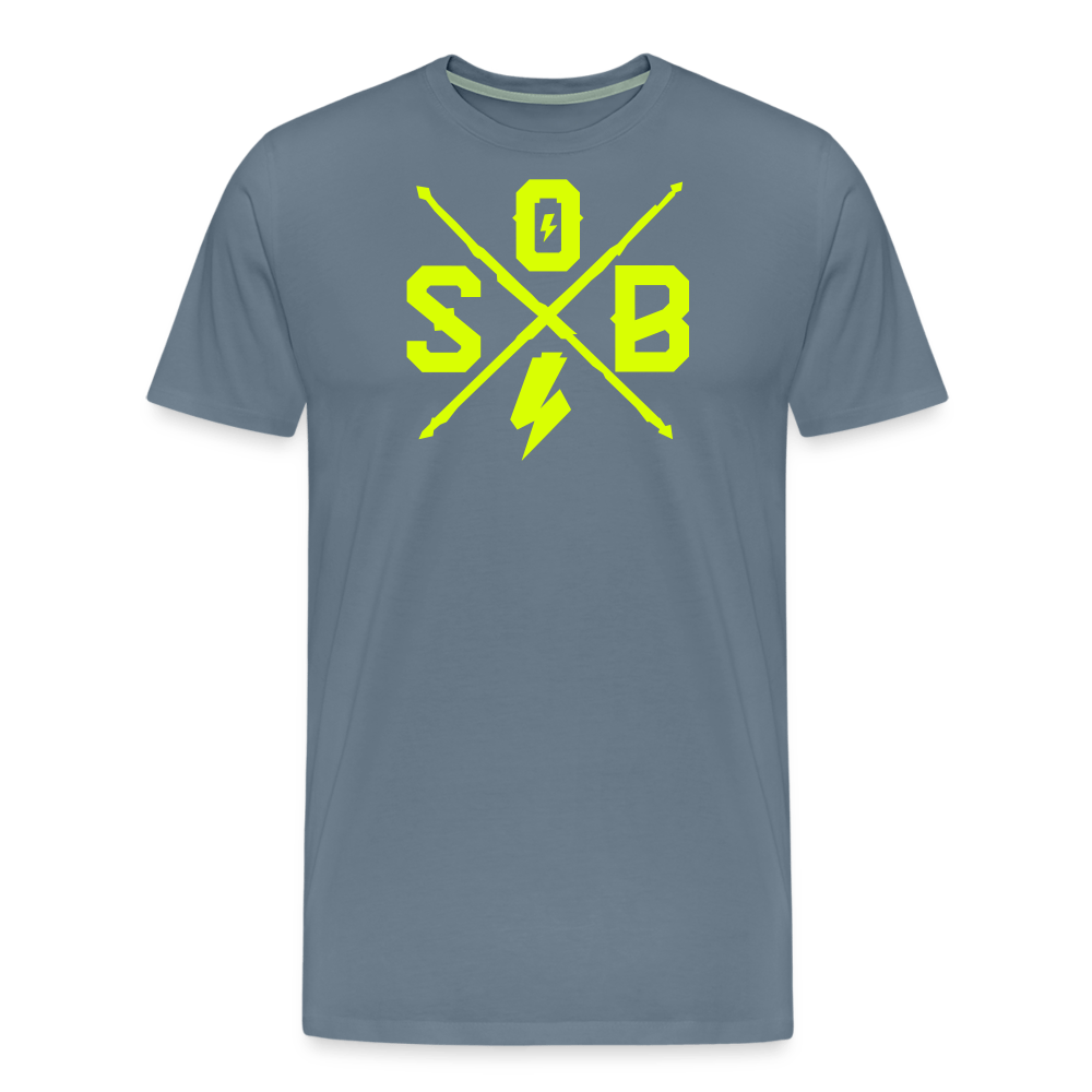 SPOD Männer Premium T-Shirt | Spreadshirt 812 Blaugrau / S Cross - Neongelb - Männer Premium T-Shirt E-Bike-Community
