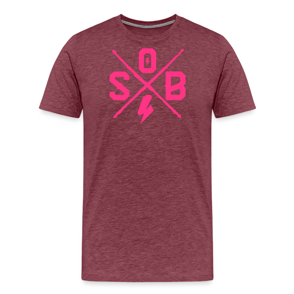 SPOD Männer Premium T-Shirt | Spreadshirt 812 Bordeauxrot meliert / S Cross - Neonpink - Männer Premium T-Shirt E-Bike-Community