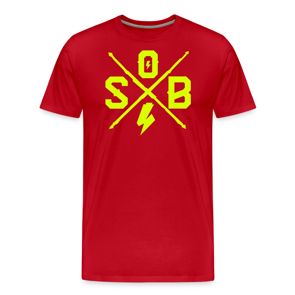 SPOD Männer Premium T-Shirt | Spreadshirt 812 Rot / S Cross - Neongelb - Männer Premium T-Shirt E-Bike-Community