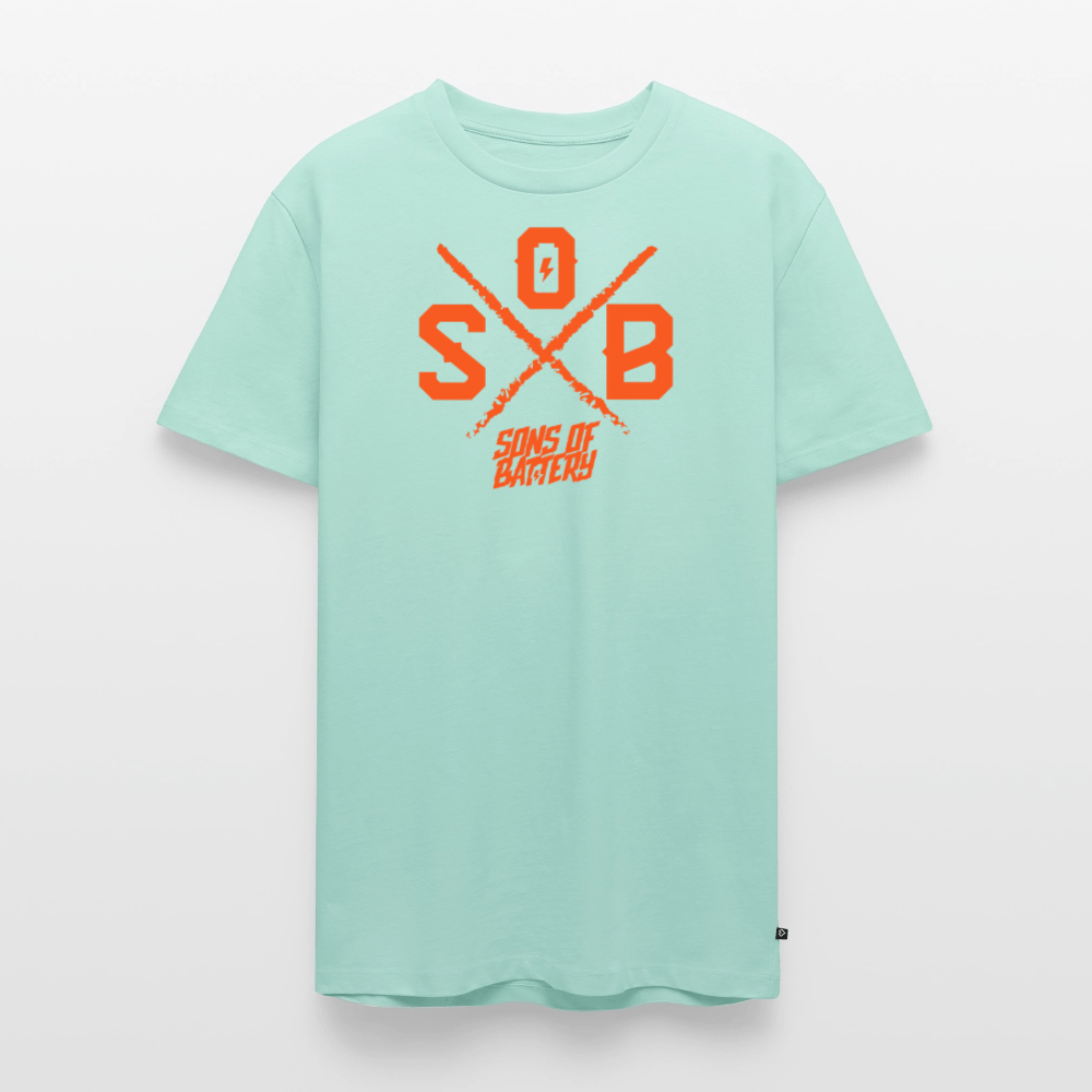 SPOD Männer Premium T-Shirt | Spreadshirt 812 SoB Cross - Neonorange Männer Premium T-Shirt E-Bike-Community