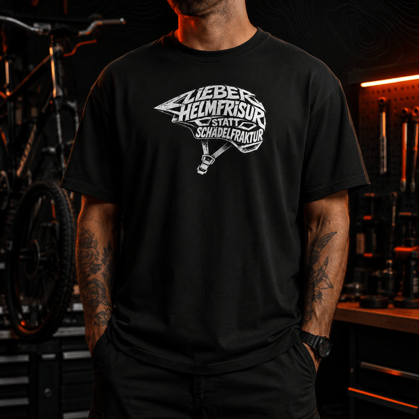 Spreadconnect Oversized Heavyweight Unisex T-Shirt Lieber Helmfrisur statt Schädelfraktur – Oversized Unisex T-Shirt (weißes Motiv) E-Bike-Community