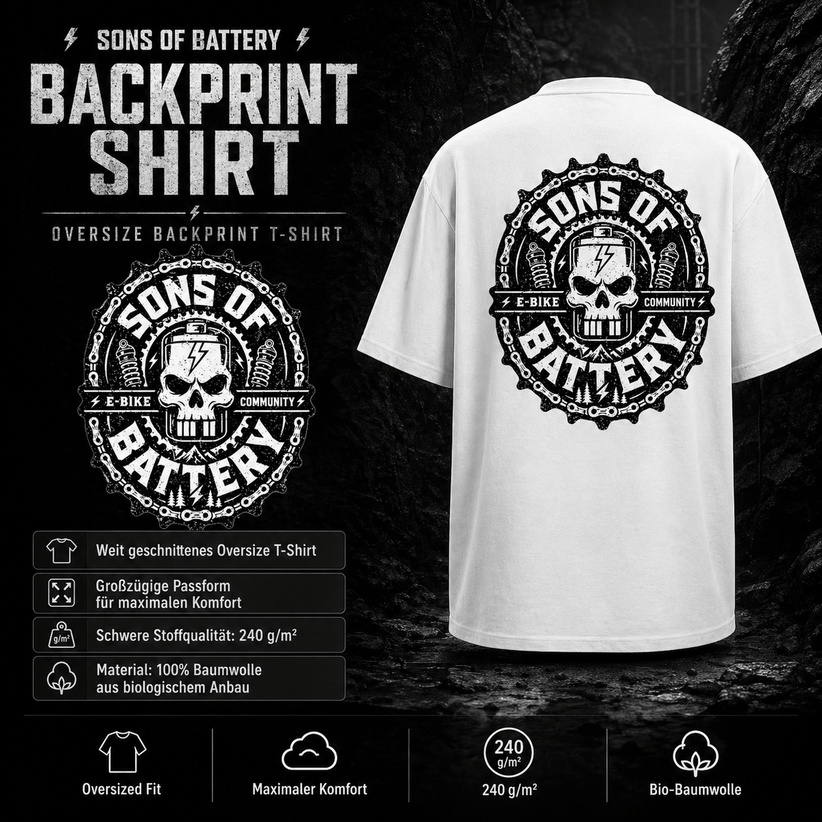 Spreadconnect Oversized Heavyweight Unisex T-Shirt SONS OF BATTERY - BATSKULL - Oversized Heavyweight Unisex T-Shirt E-Bike-Community
