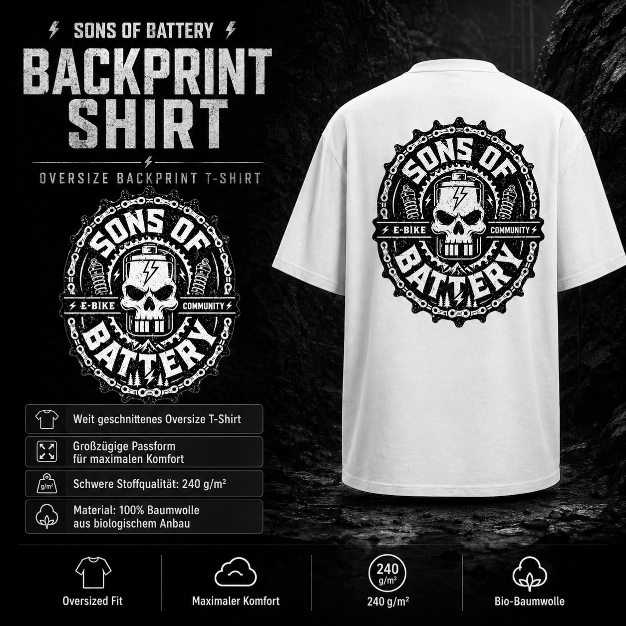 Spreadconnect Oversized Heavyweight Unisex T-Shirt SONS OF BATTERY - BATSKULL - Oversized Heavyweight Unisex T-Shirt E-Bike-Community