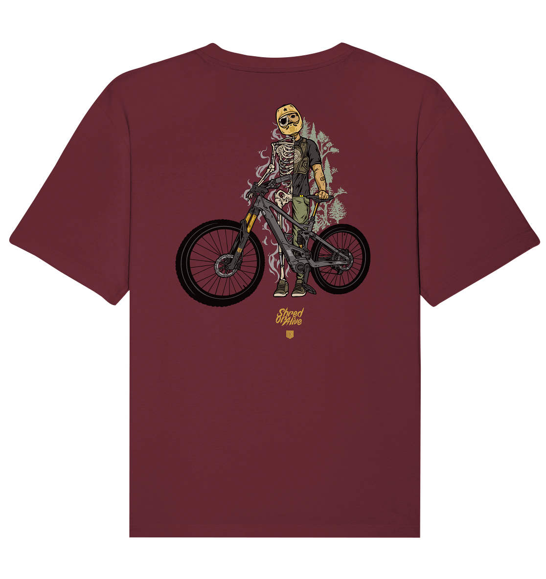 Sons of Battery® - E-MTB Brand & Community Unisex-Shirts Burgundy / XS Shred or Alive - Backprint - Organic Relaxed Shirt (Flip Label) E-Bike-Community
