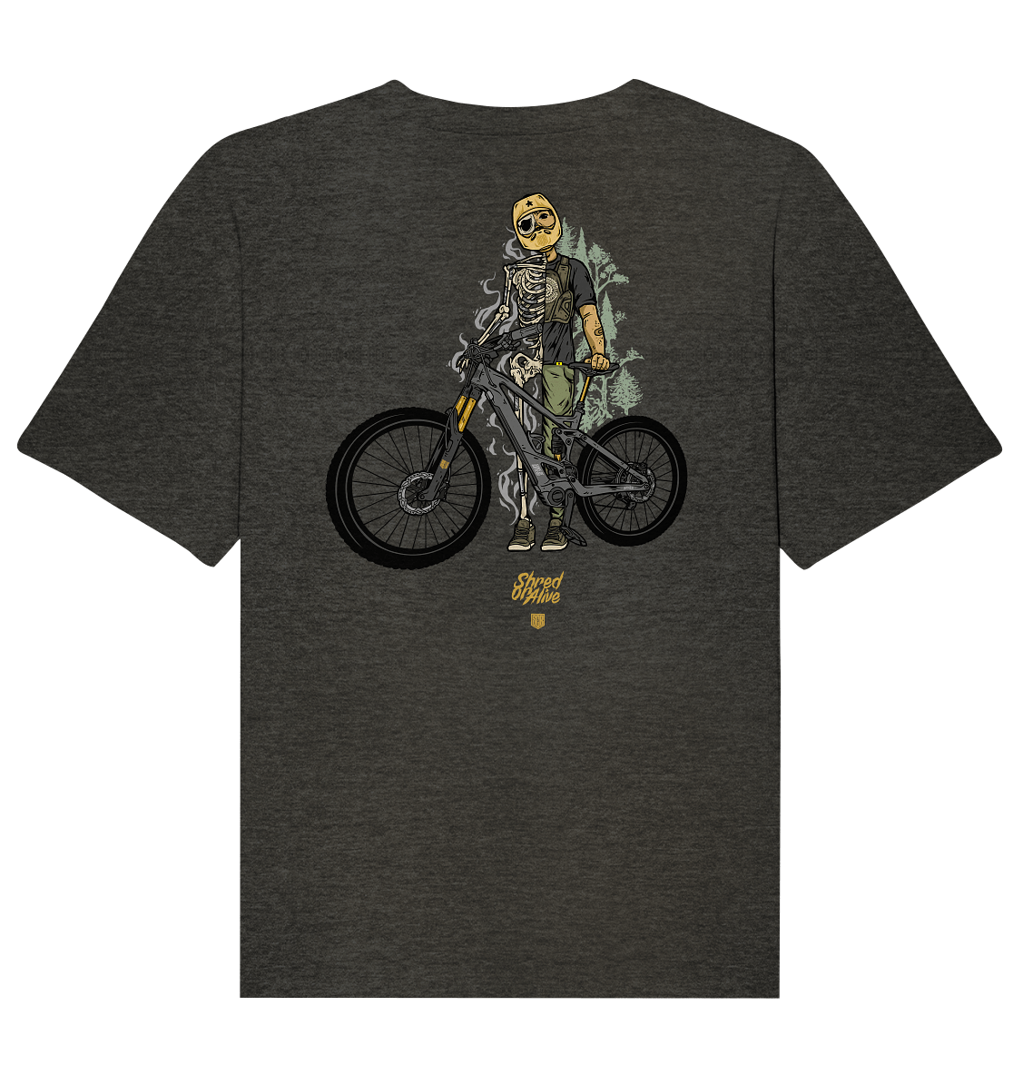 Sons of Battery® - E-MTB Brand & Community Unisex-Shirts Dark Heather Grey / XS Shred or Alive - Backprint - Organic Relaxed Shirt (Flip Label) E-Bike-Community