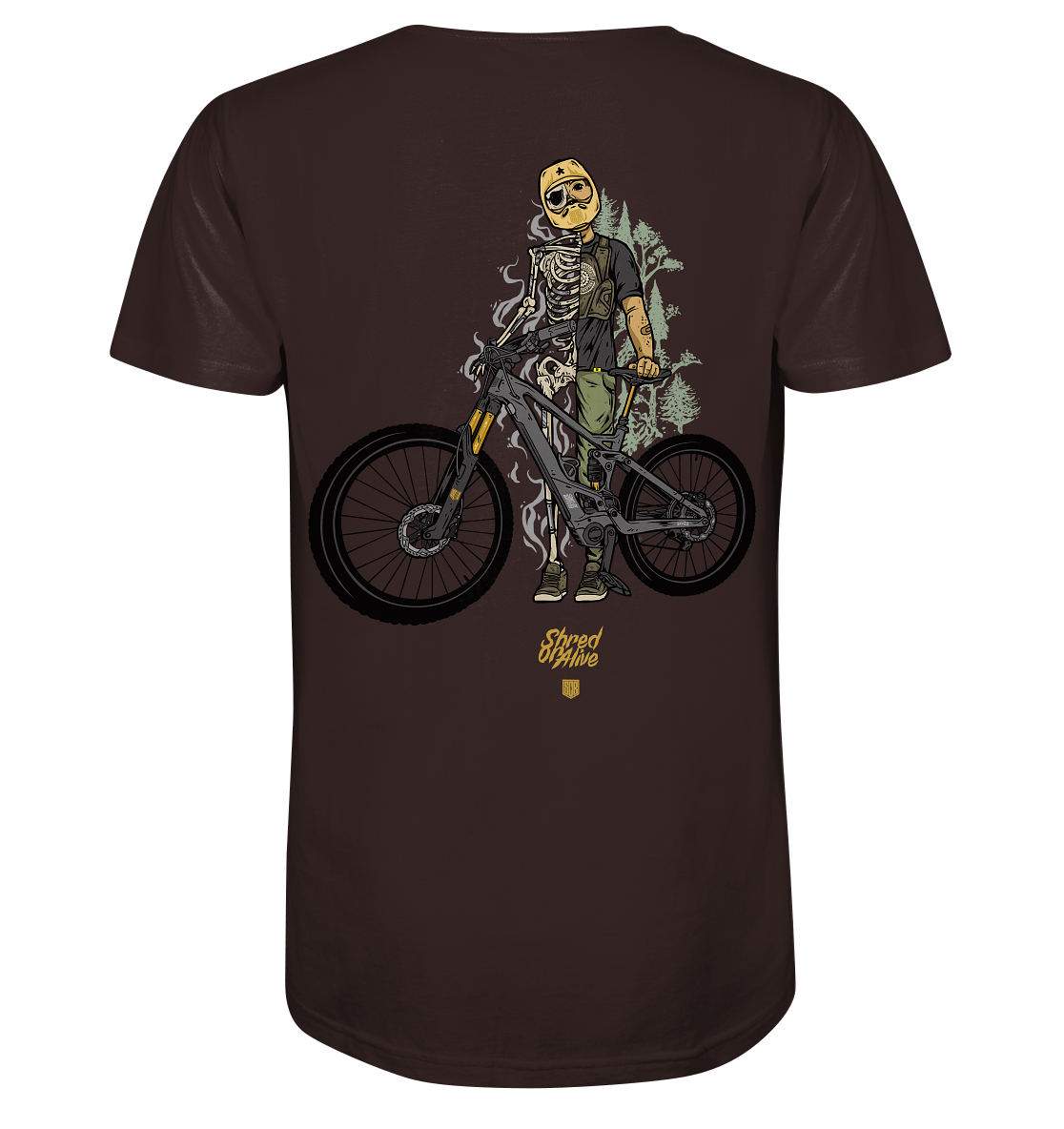 Sons of Battery® - E-MTB Brand & Community Unisex-Shirts Deep Chocolate / XS Shred or Alive - Backprint - Organic Shirt (Flip Label) E-Bike-Community