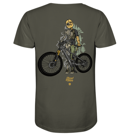 Sons of Battery® - E-MTB Brand & Community Unisex-Shirts Khaki / XS Shred or Alive - Backprint - Organic Shirt (Flip Label) E-Bike-Community