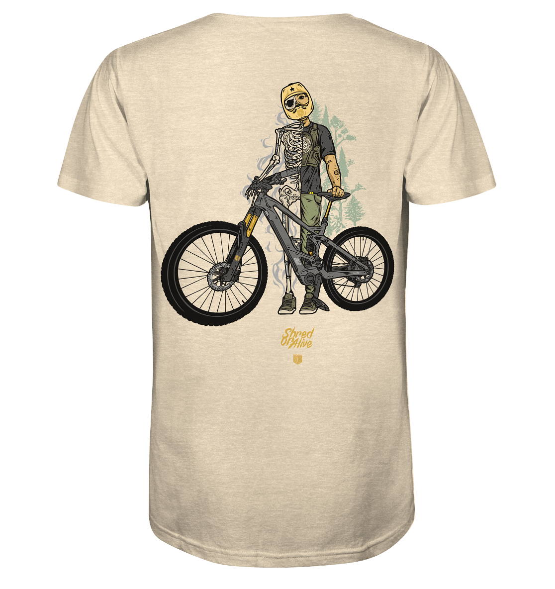 Sons of Battery® - E-MTB Brand & Community Unisex-Shirts Natural Raw / XS Shred or Alive - Backprint - Organic Shirt (Flip Label) E-Bike-Community