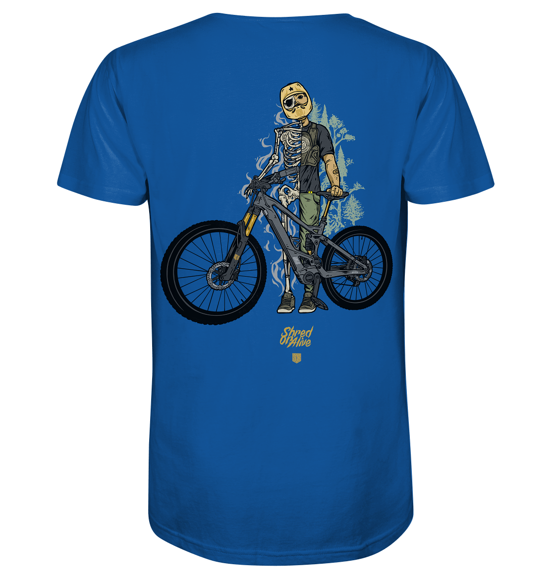 Sons of Battery® - E-MTB Brand & Community Unisex-Shirts Royal Blue / XS Shred or Alive - Backprint - Organic Shirt (Flip Label) E-Bike-Community