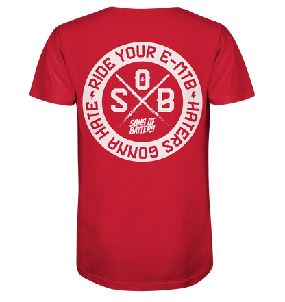 Sons of Battery® - E-MTB Brand & Community V-Neck Shirts Red / S Haters gonna Hate - Mens Organic V-Neck Shirt (Flip Label) E-Bike-Community