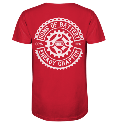 Sons of Battery® - E-MTB Brand & Community V-Neck Shirts Red / S Sons of Battery - Classic OG - Mens Organic V-Neck Shirt (Flip Label) E-Bike-Community