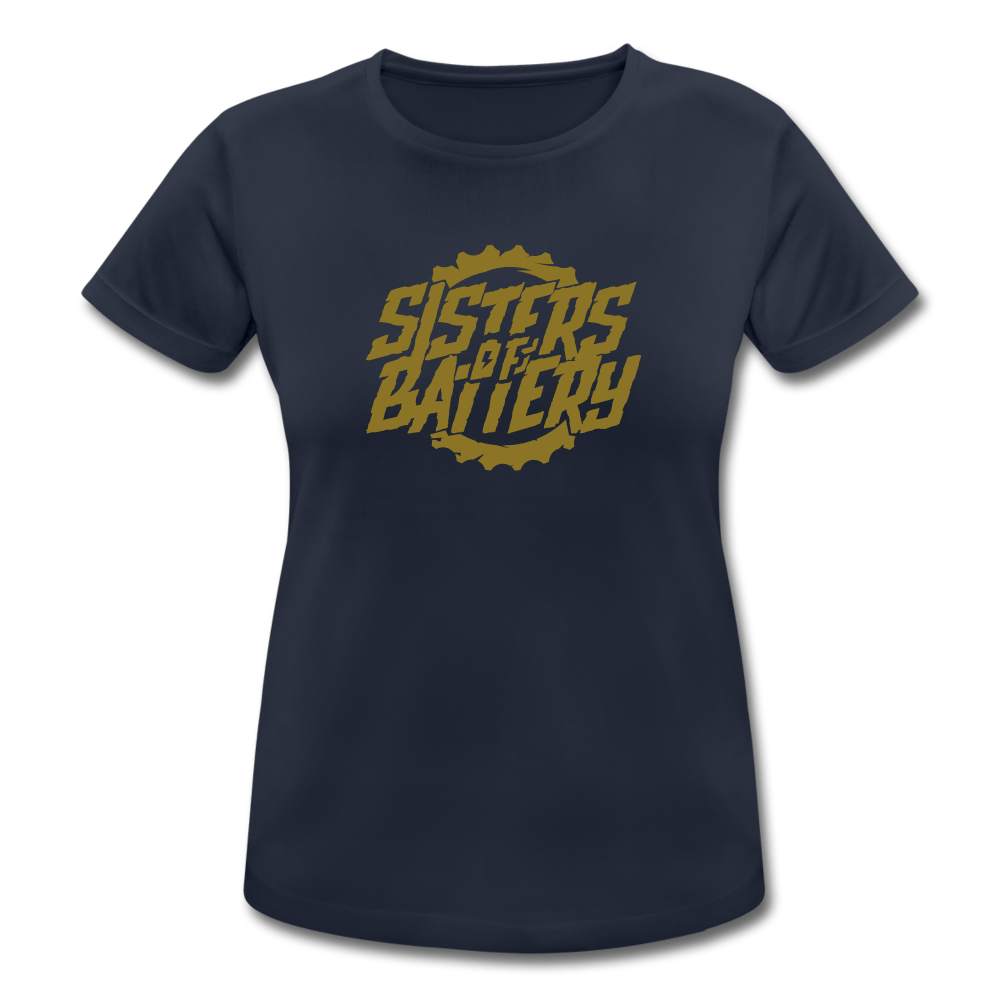 SPOD Frauen T-Shirt atmungsaktiv Dunkelnavy / S Sisters of Battery - GOLD EDITION - Frauen T-Shirt atmungsaktiv E-Bike-Community