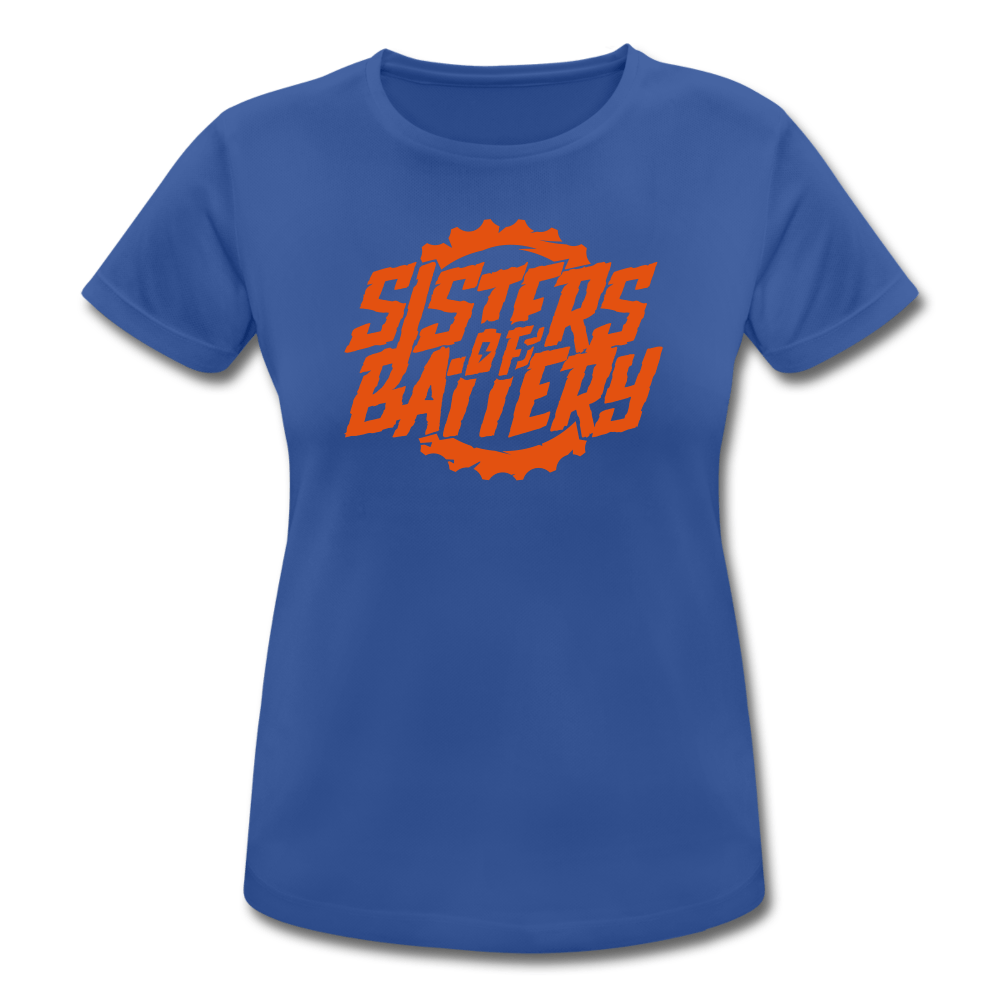 SPOD Frauen T-Shirt atmungsaktiv Royalblau / S Sisters of Battery - Front -Frauen T-Shirt atmungsaktiv E-Bike-Community