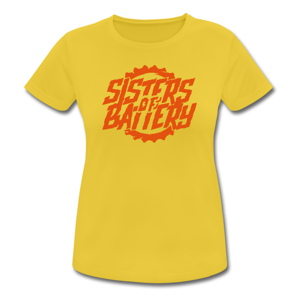 SPOD Frauen T-Shirt atmungsaktiv Sonnengelb / S Sisters of Battery - Front -Frauen T-Shirt atmungsaktiv E-Bike-Community