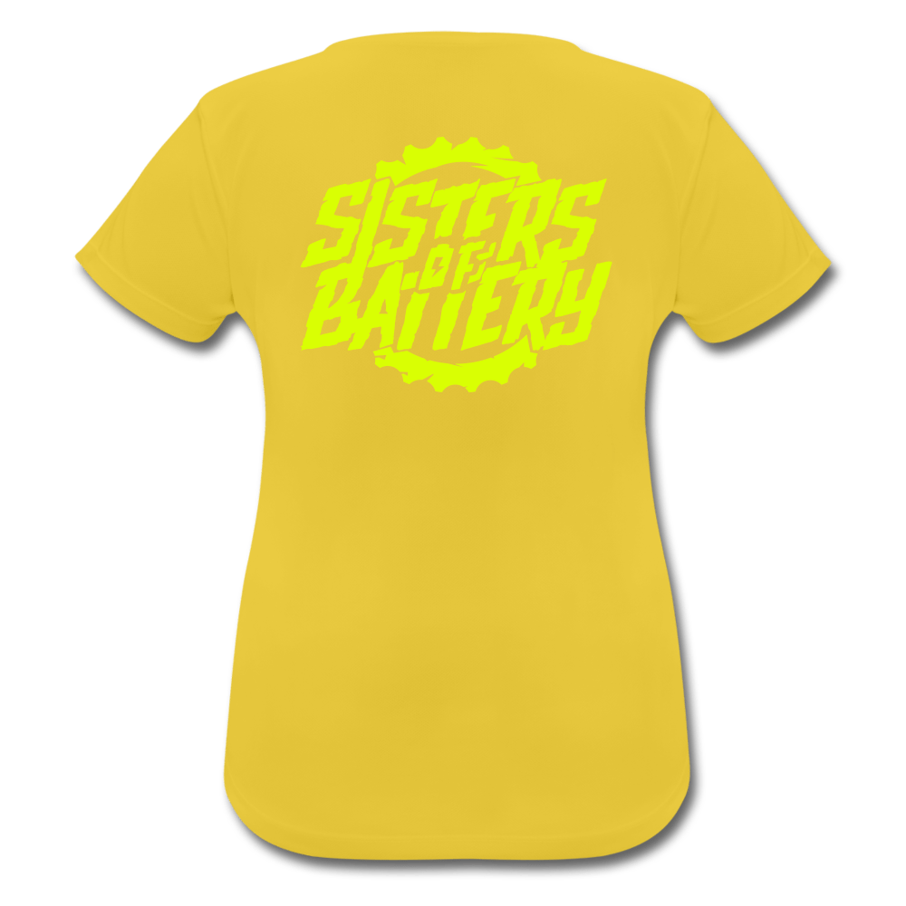 SPOD Frauen T-Shirt atmungsaktiv Sonnengelb / S Sisters of Battery - Neongelb - Frauen T-Shirt atmungsaktiv E-Bike-Community