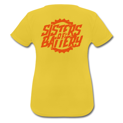 SPOD Frauen T-Shirt atmungsaktiv Sonnengelb / S Sisters of Battery - Neonorange - Frauen T-Shirt atmungsaktiv E-Bike-Community