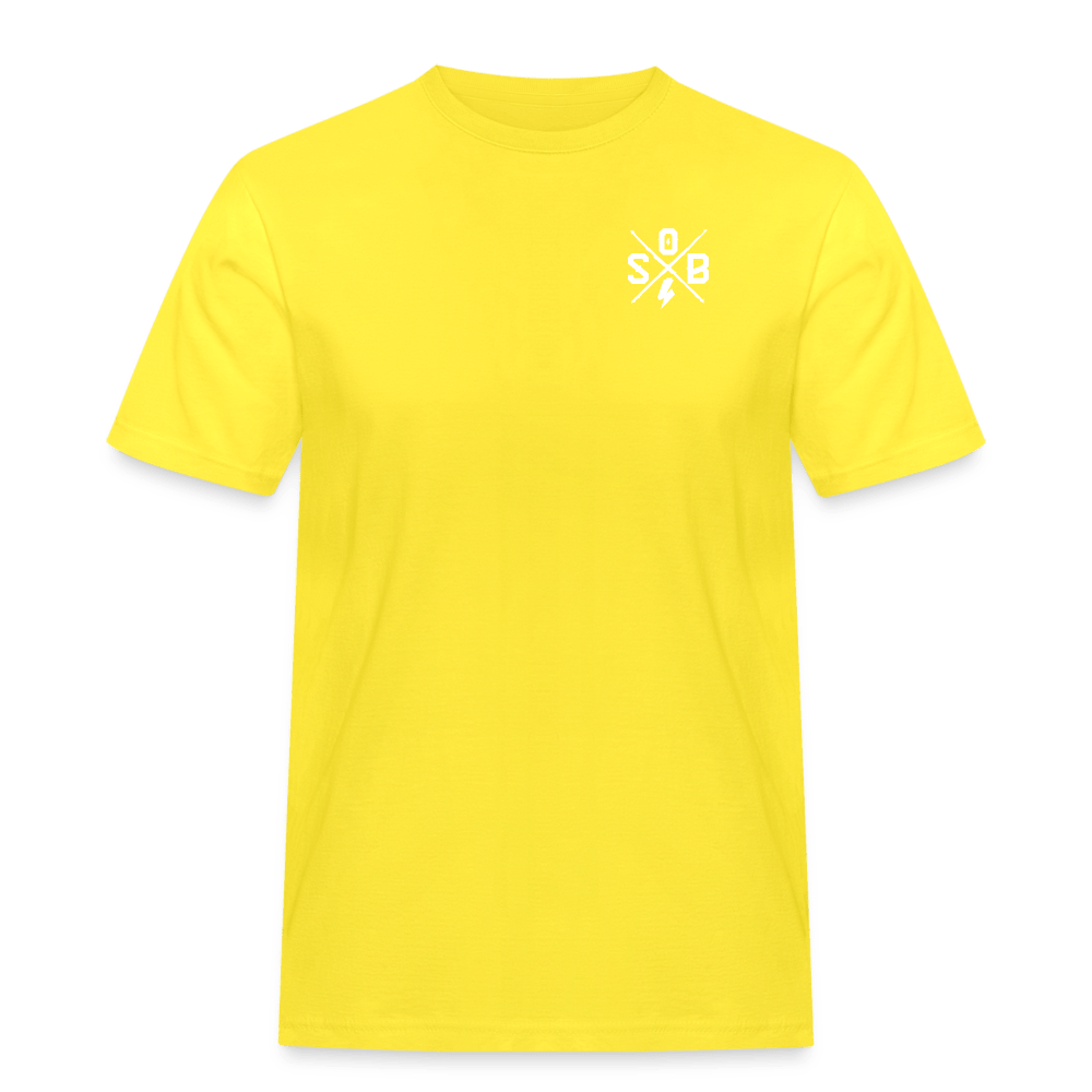 SPOD Männer Workwear T-Shirt Gelb / S Cross / Skullgang Grunge Logo -Front/ Back - Männer Workwear T-Shirt E-Bike-Community
